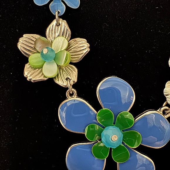 Charming Floral Necklace with Blue and Green Accents Silver Tone Chain - Picture 3 of 4